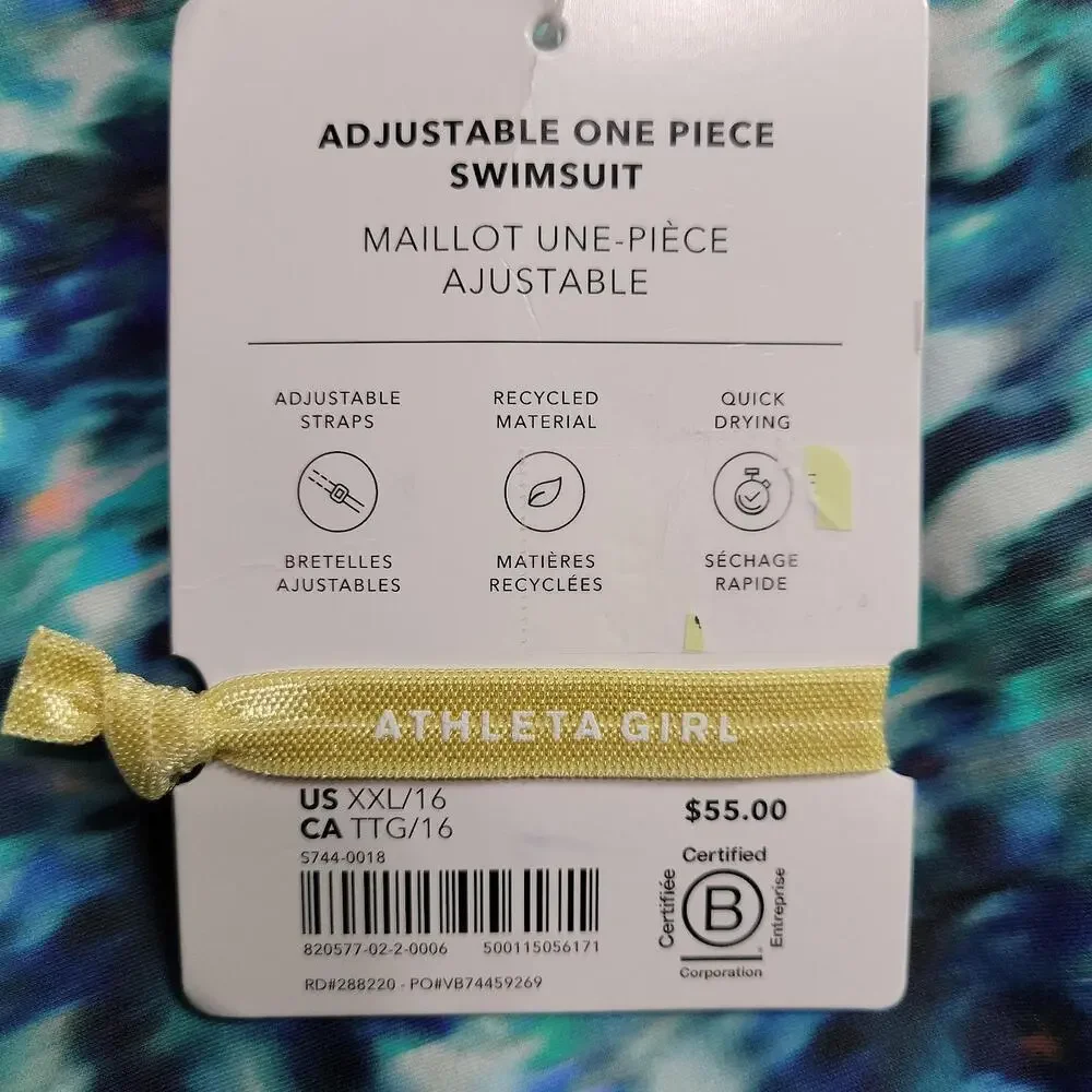 NWT Athleta Girl Swimsuit XXL 16 Blue Printed One Piece Adjustable Straps